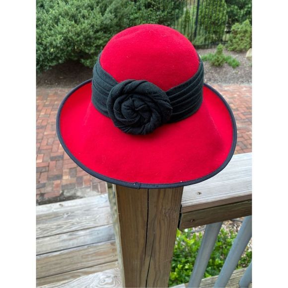 Betmar of New York Red Wool Emma Cloche Bucket Hat, Black Wrapped Scarf - Picture 1 of 9
